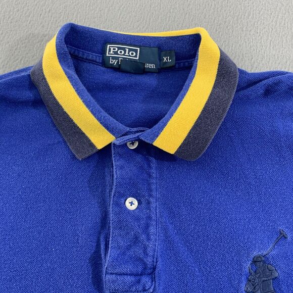 Polo Ralph Lauren Polo Shirt Mens XL Blue Yellow Collar Big Pony Rugby Cotton - Picture 4 of 14